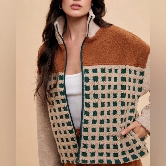 NWT Annie Wear Tarzana Tan Checkered Plaid Zip Up Sherpa Fleece Jacket - Picture 3 of 5